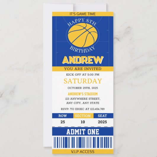 Persoonlijk Basketbal Ticket Blauw & Geel Verjaard Kaart (Voorkant)