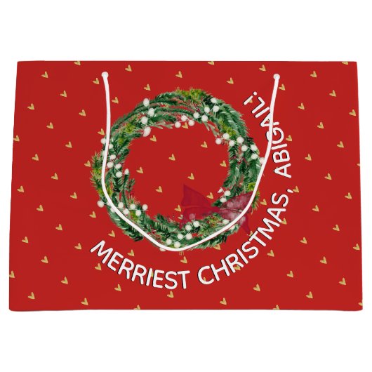 Persoonlijk beroemd kerstfeest met gouden harten groot cadeauzakje (Voorkant)