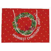 Persoonlijk beroemd kerstfeest met gouden harten groot cadeauzakje (Achterkant)