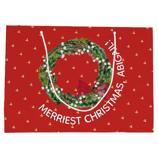 Persoonlijk beroemd kerstfeest met gouden harten groot cadeauzakje (Achterkant)