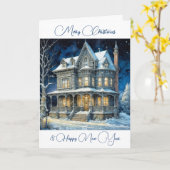 Persoonlijk besneeuwd kerstverlicht huis kaart (Gele Bloem)