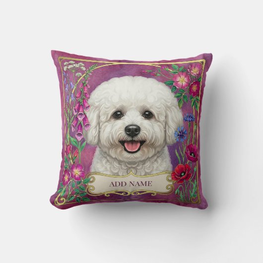 Persoonlijk Bichon Frise Roze Bloemenkussen Kussen (Voorkant)