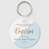 Persoonlijk blauw babyzakje bedankt sleutelhanger (Achterkant)