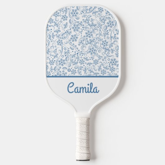 Persoonlijk blauw bloempatroon met aangepaste naam pickleball paddle (Voorkant)