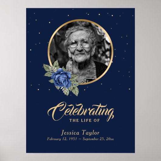 Persoonlijk blauw bloemstuk rouwontvangstbord poster (Voorkant)