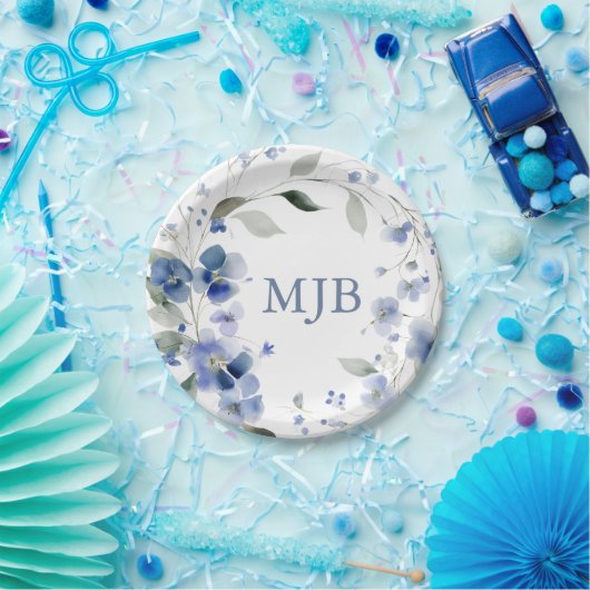 Persoonlijk blauw elegant bloemmotief papieren bordje (Feest)