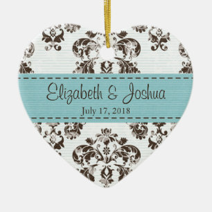 Persoonlijk blauw en bruin  Damask Wedding Keramisch Ornament