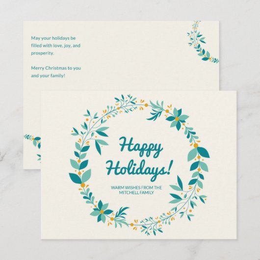 Persoonlijk - Blauw en Mint Wreath Holiday Briefkaart (Voorkant / Achterkant)