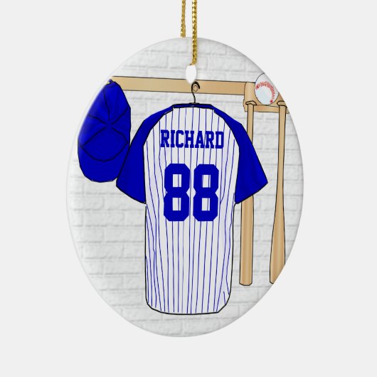 Persoonlijk blauw en wit Baseball Jersey Keramisch Ornament (Rechts)