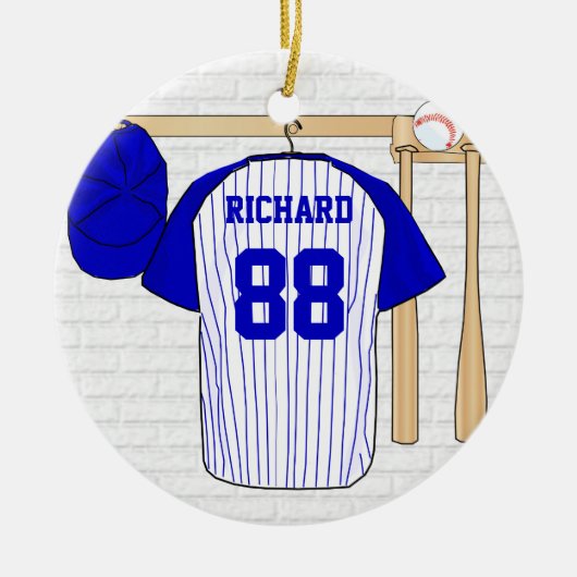 Persoonlijk blauw en wit Baseball Jersey Keramisch Ornament (Voorkant)