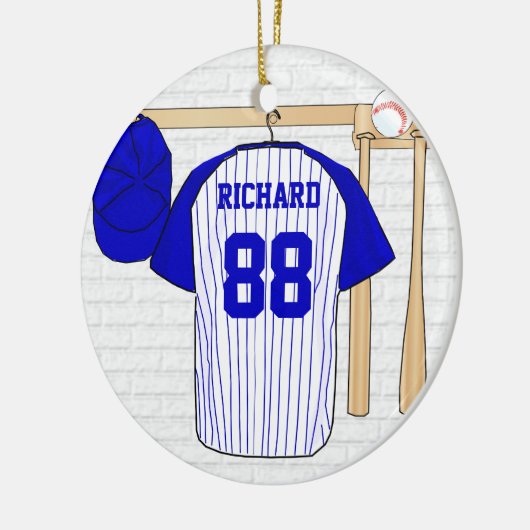 Persoonlijk blauw en wit Baseball Jersey Keramisch Ornament (Links)