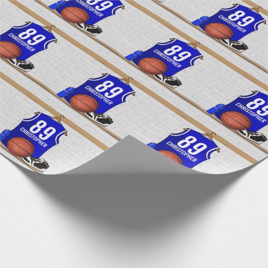 Persoonlijk blauw en wit Basketball Jersey Cadeaupapier (Hoek)