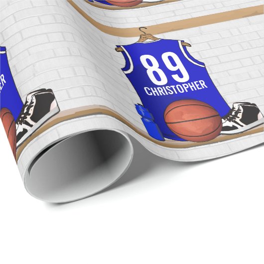 Persoonlijk blauw en wit Basketball Jersey Cadeaupapier (Rol Hoek)