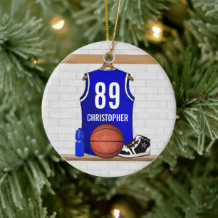 Persoonlijk blauw en wit Basketball Jersey Keramisch Ornament