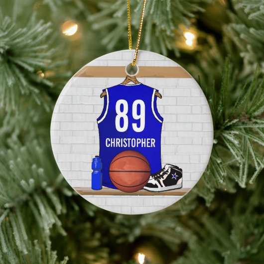Persoonlijk blauw en wit Basketball Jersey Keramisch Ornament (Boom)