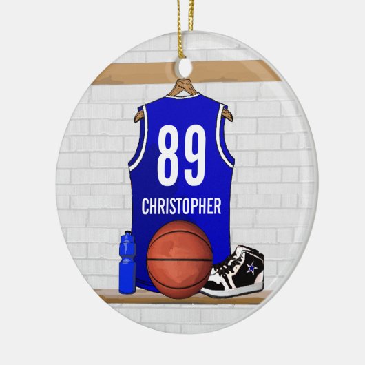 Persoonlijk blauw en wit Basketball Jersey Keramisch Ornament (Links)