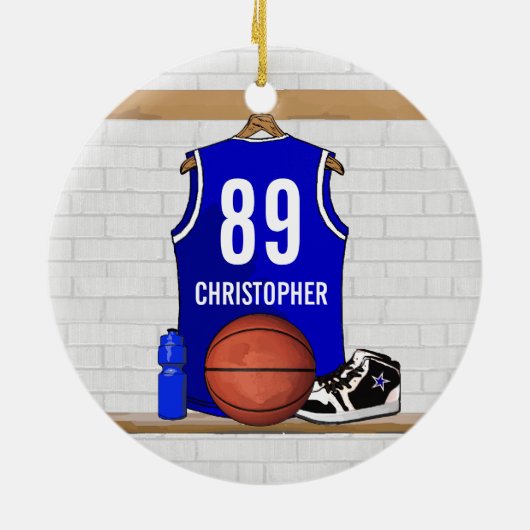 Persoonlijk blauw en wit Basketball Jersey Keramisch Ornament (Achterkant)