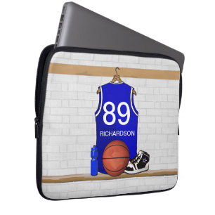 Persoonlijk blauw en wit Basketball Jersey Laptop Sleeve