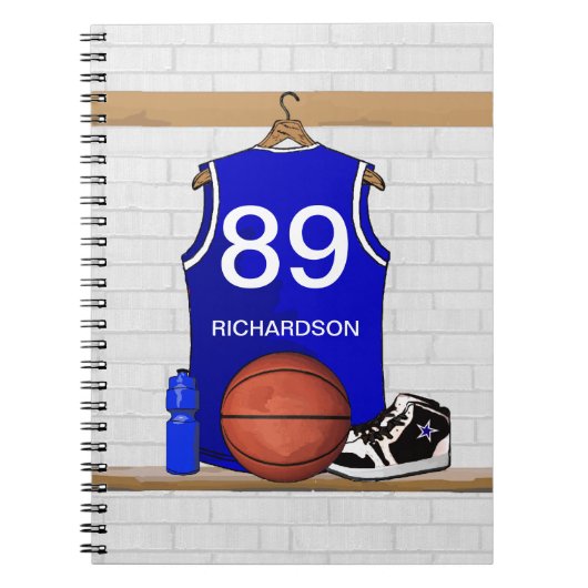 Persoonlijk blauw en wit Basketball Jersey Notitieboek (Voorkant)
