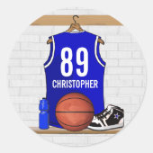 Persoonlijk blauw en wit Basketball Jersey Ronde Sticker (Voorkant)