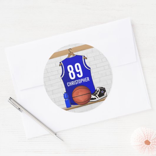 Persoonlijk blauw en wit Basketball Jersey Ronde Sticker (Envelop)