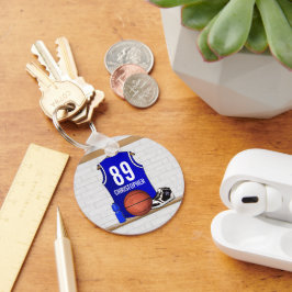 Persoonlijk blauw en wit Basketball Jersey Sleutelhanger