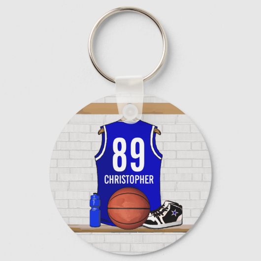 Persoonlijk blauw en wit Basketball Jersey Sleutelhanger (Achterkant)