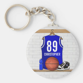 Persoonlijk blauw en wit Basketball Jersey Sleutelhanger