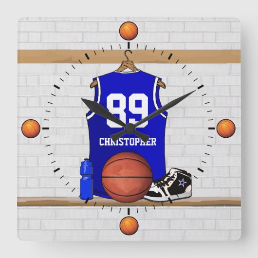 Persoonlijk blauw en wit Basketball Jersey Vierkante Klok (Voorkant)