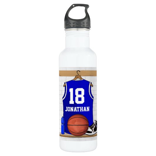 Persoonlijk blauw en wit Basketball Jersey Waterfles (Voorkant)