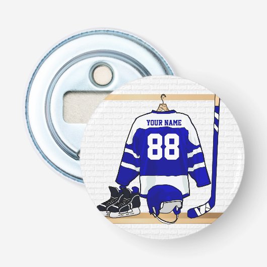 Persoonlijk blauw en wit ijs Hockey Jersey Button Flesopener (Voorkant)