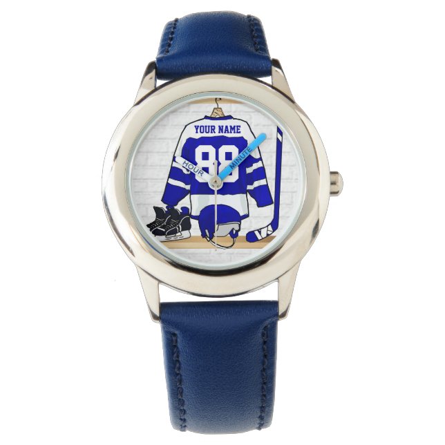 Persoonlijk blauw en wit ijs Hockey Jersey Horloge (Voorkant)