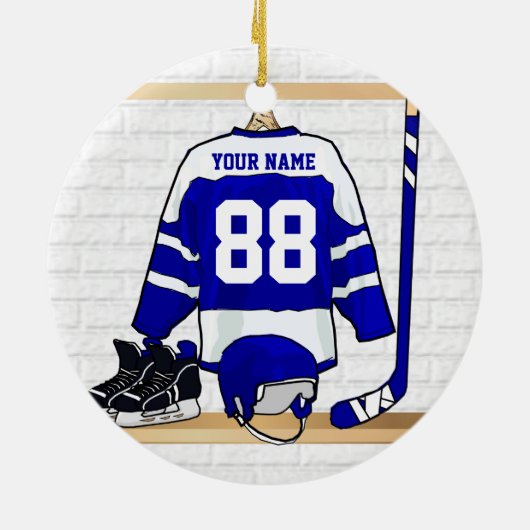 Persoonlijk blauw en wit ijs Hockey Jersey Keramisch Ornament (Achterkant)