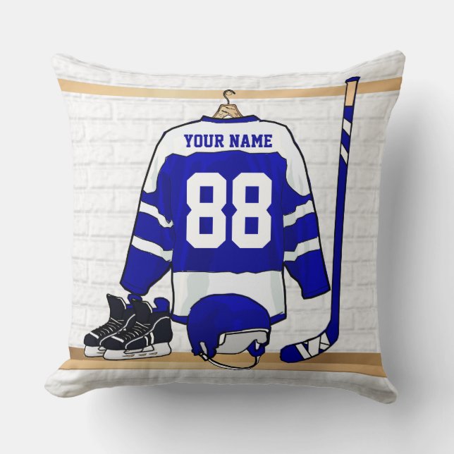 Persoonlijk blauw en wit ijs Hockey Jersey Kussen (Voorkant)