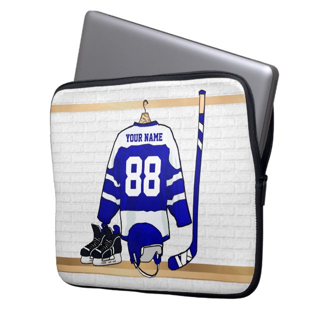 Persoonlijk blauw en wit ijs Hockey Jersey Laptop Sleeve (Voorkant Links)
