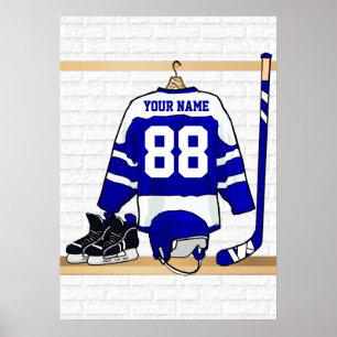 Persoonlijk blauw en wit ijs Hockey Jersey Poster
