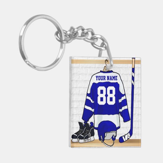 Persoonlijk blauw en wit ijs Hockey Jersey Sleutelhanger (Voorkant Links)