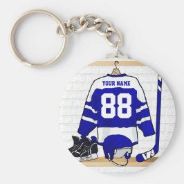 Persoonlijk blauw en wit ijs Hockey Jersey Sleutelhanger