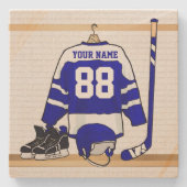 Persoonlijk blauw en wit ijs Hockey Jersey Stenen Onderzetter (Voorkant)