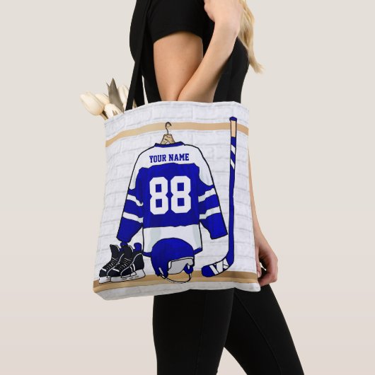 Persoonlijk blauw en wit ijs Hockey Jersey Tote Bag (Dichtbij)