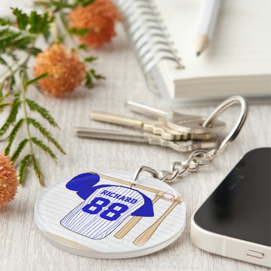 Persoonlijk Blauw en Witte Baseball Jersey Sleutelhanger (Voorkant Rechts)