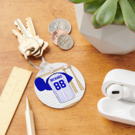 Persoonlijk Blauw en Witte Baseball Jersey Sleutelhanger