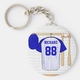 Persoonlijk Blauw en Witte Baseball Jersey Sleutelhanger