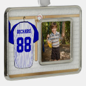 Persoonlijk Blauw en Witte Baseball Jersey Verzilverd Omlijst Ornament (Rechts)