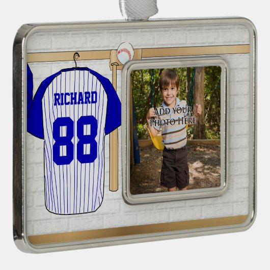 Persoonlijk Blauw en Witte Baseball Jersey Verzilverd Omlijst Ornament (Rechts)