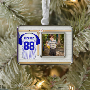 Persoonlijk Blauw en Witte Baseball Jersey Verzilverd Omlijst Ornament