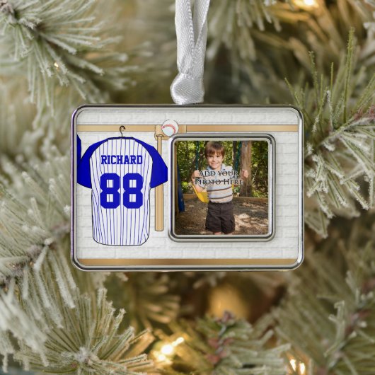 Persoonlijk Blauw en Witte Baseball Jersey Verzilverd Omlijst Ornament (Boom)
