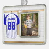 Persoonlijk Blauw en Witte Baseball Jersey Verzilverd Omlijst Ornament (Links)