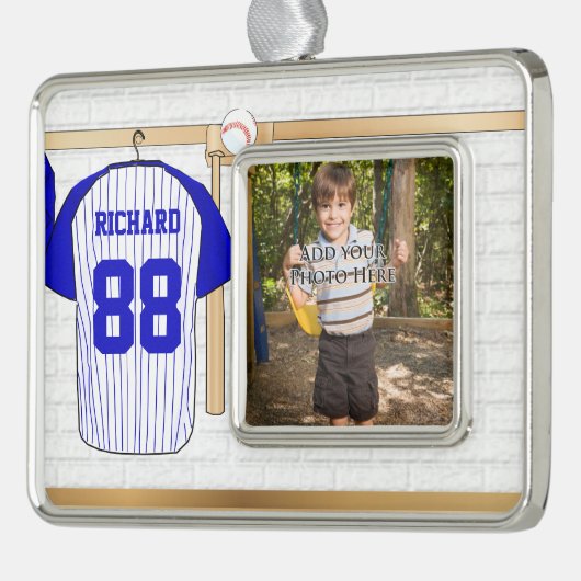 Persoonlijk Blauw en Witte Baseball Jersey Verzilverd Omlijst Ornament (Links)