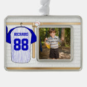 Persoonlijk Blauw en Witte Baseball Jersey Verzilverd Omlijst Ornament (Voorkant)